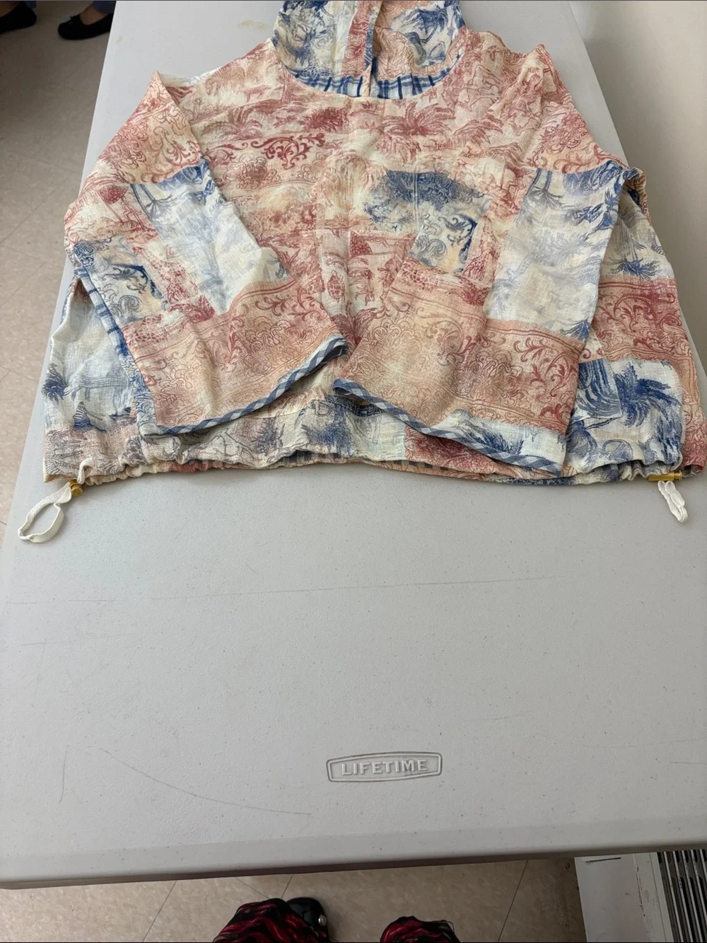 Tory Burch Patchwork Hooded Pullover in Blue, Red & Cream